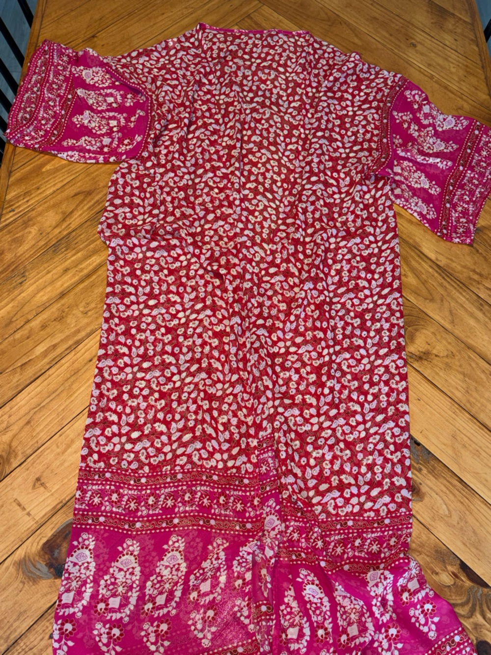 Boho Sheer Maxi Kimono Red/Pink Floral Open Front Cover Up